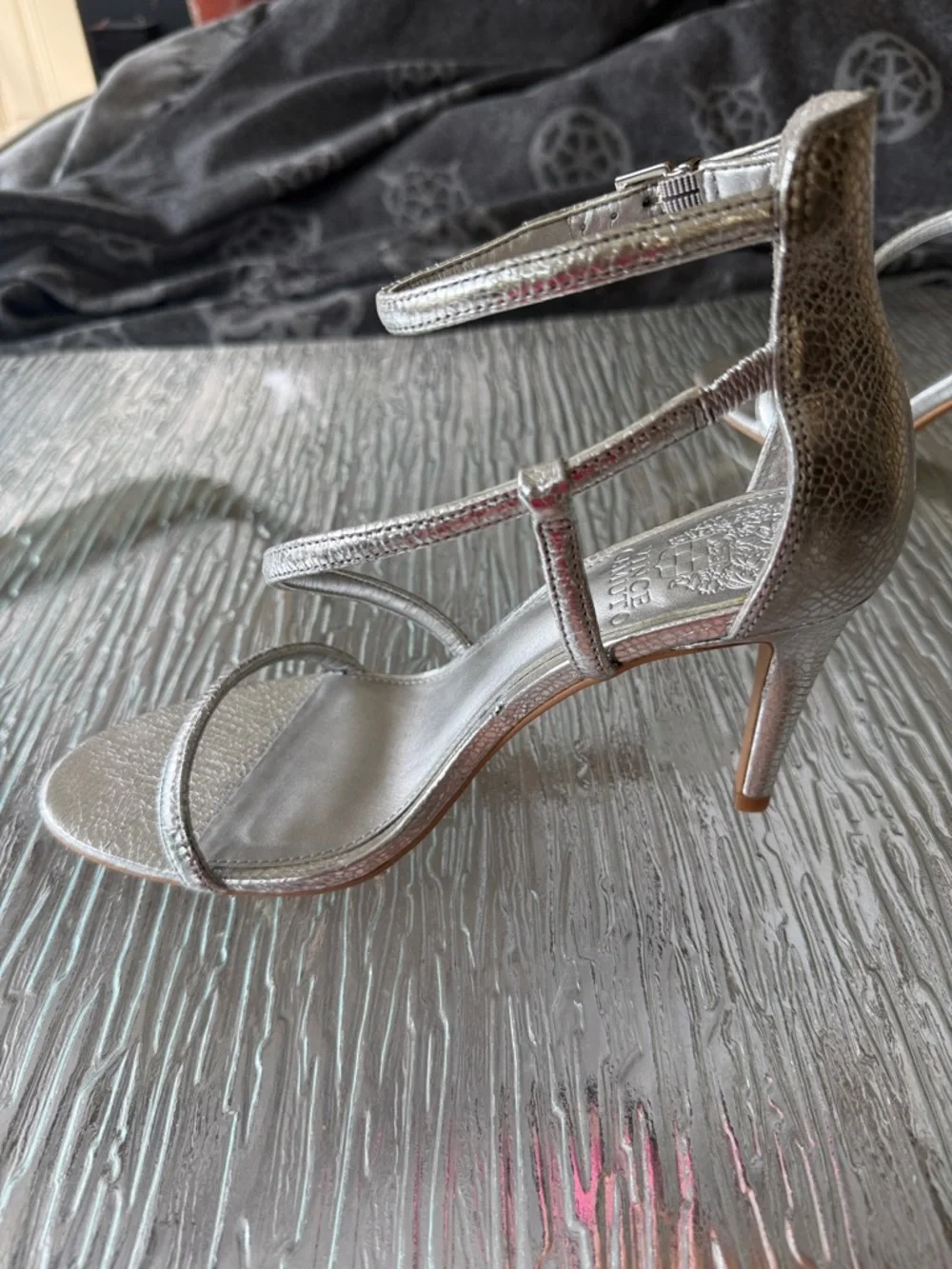 Vince Camuto Metallic Silver Strappy Ankle-Heel Sandals - Picture 4 of 5